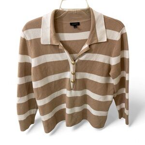 Talbots Rugby Polo Johnny Sweater Tan / Cream Stripe Collar and Gold Buttons M